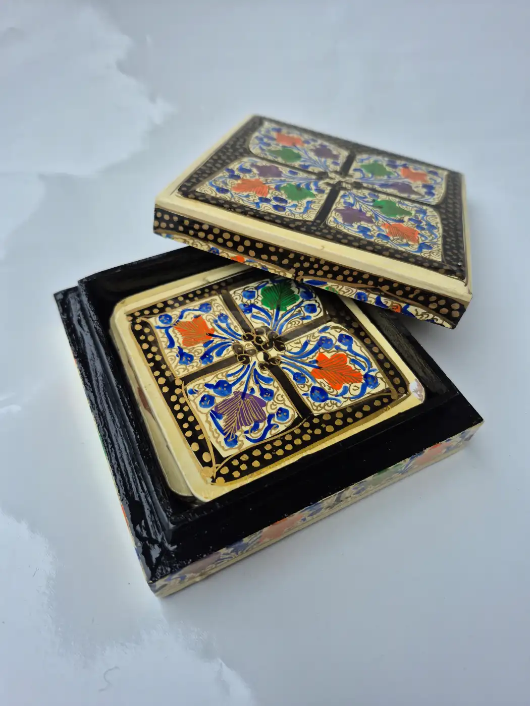 Kashmiri Paper Mache Square Coaster Box – Gulnaar - Image 3