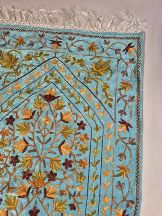 Kashmiri Turquoise Prayer Mat with Aari Embroidery – Zooni - Image 2