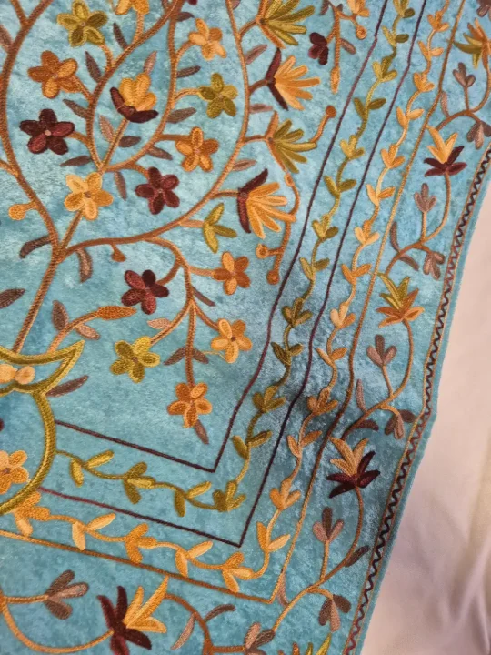 Kashmiri Turquoise Prayer Mat with Aari Embroidery – Zooni - Image 3