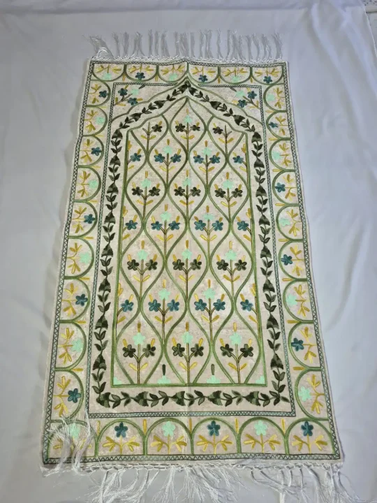 Kashmiri Aahista Cream Prayer Mat with Green Floral Aari Embroidery