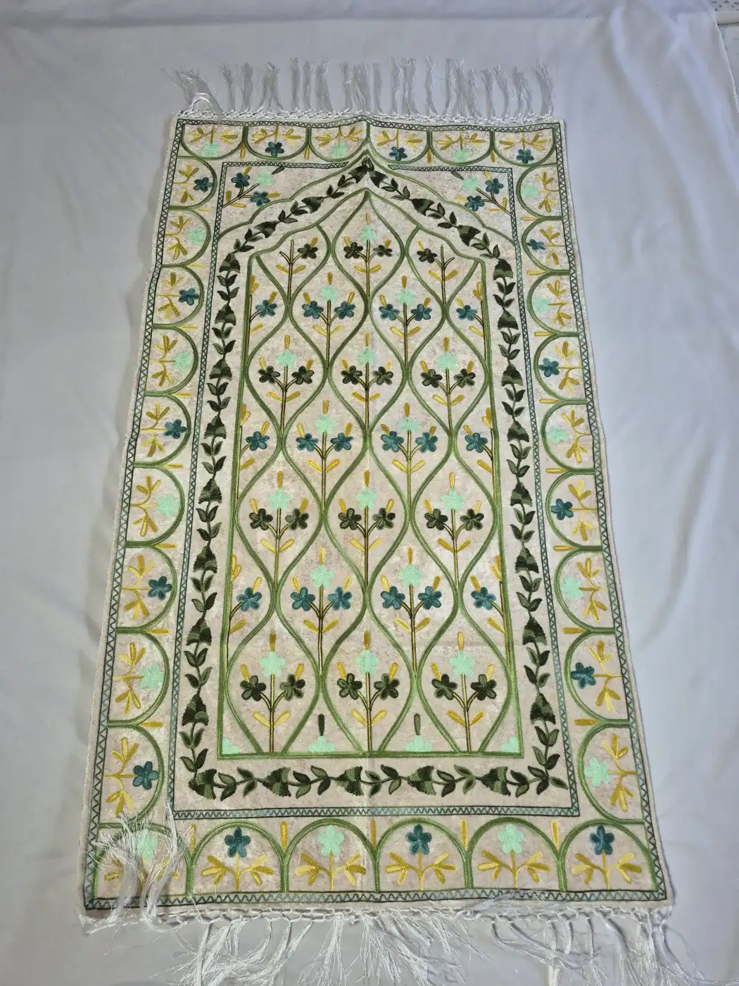 Kashmiri Aahista Cream Prayer Mat with Green Floral Aari Embroidery