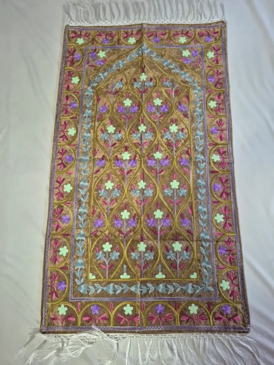 Kashmiri Brown Prayer Mat Aks with Purple Floral Aari Embroidery