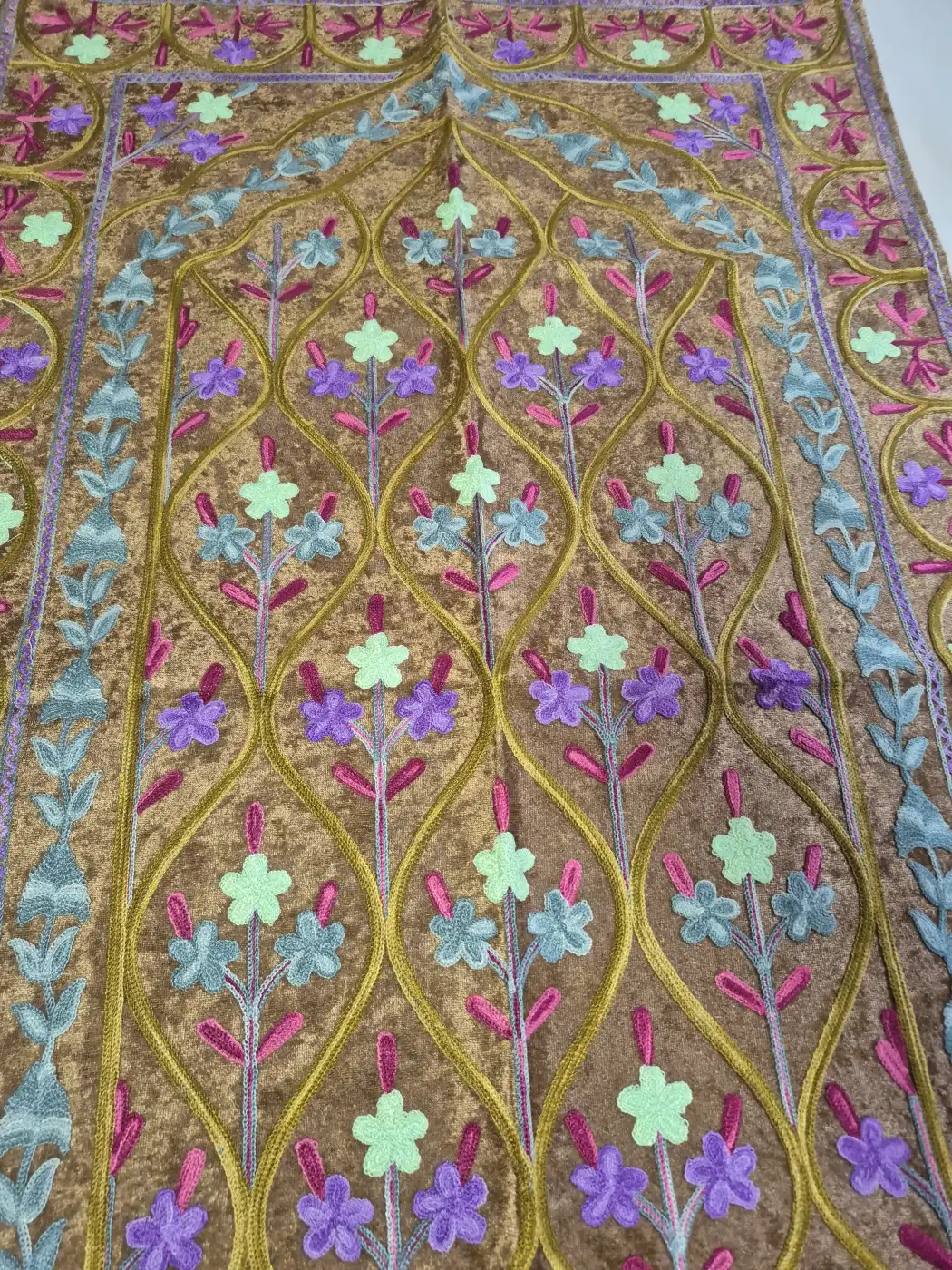 Kashmiri Brown Prayer Mat Aks with Purple Floral Aari Embroidery - Image 2