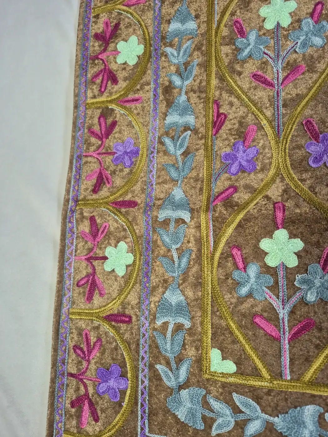 Kashmiri Brown Prayer Mat Aks with Purple Floral Aari Embroidery - Image 3