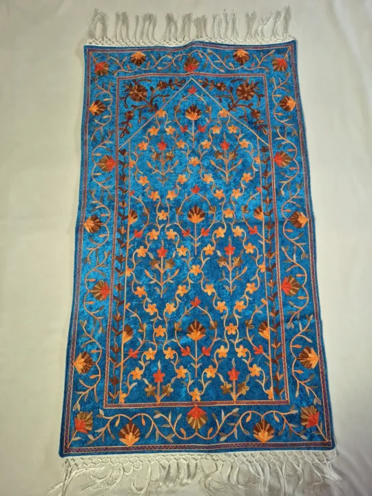 Kashmiri Raqs Blue Prayer Mat with Orange And Brown Floral Aari Embroidery
