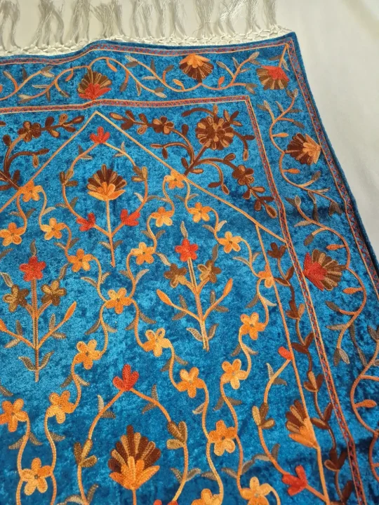 Kashmiri Raqs Blue Prayer Mat with Orange And Brown Floral Aari Embroidery - Image 2