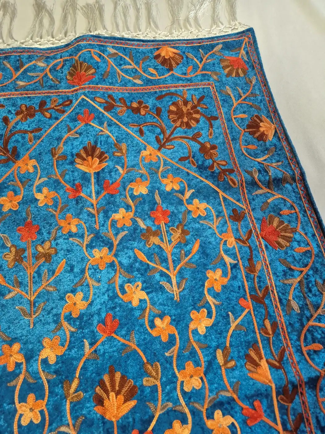 Kashmiri Raqs Blue Prayer Mat with Orange And Brown Floral Aari Embroidery - Image 2