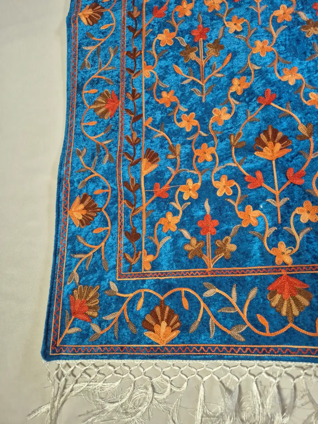 Kashmiri Raqs Blue Prayer Mat with Orange And Brown Floral Aari Embroidery - Image 3