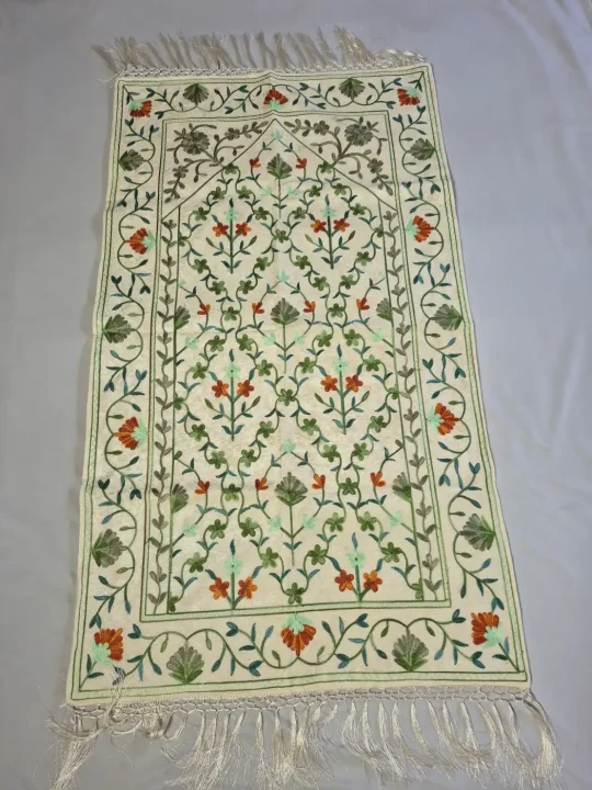 Eidghah Kashmiri Ivory Prayer Mat with Green And Orange Floral Aari Work