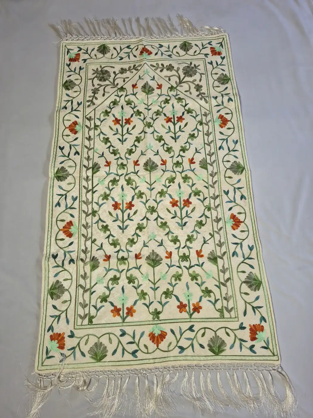 Eidghah Kashmiri Ivory Prayer Mat with Green And Orange Floral Aari Work