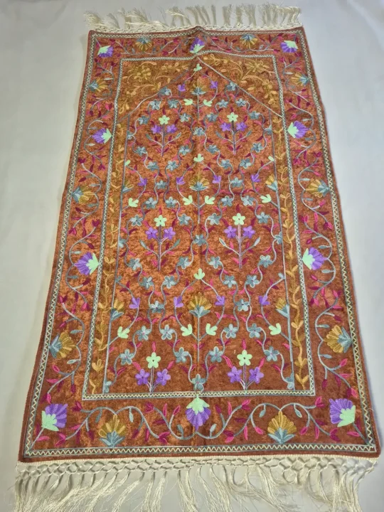 Sukoon Kashmiri Rust Brown Prayer Mat with Multicolour Aari Embroidery