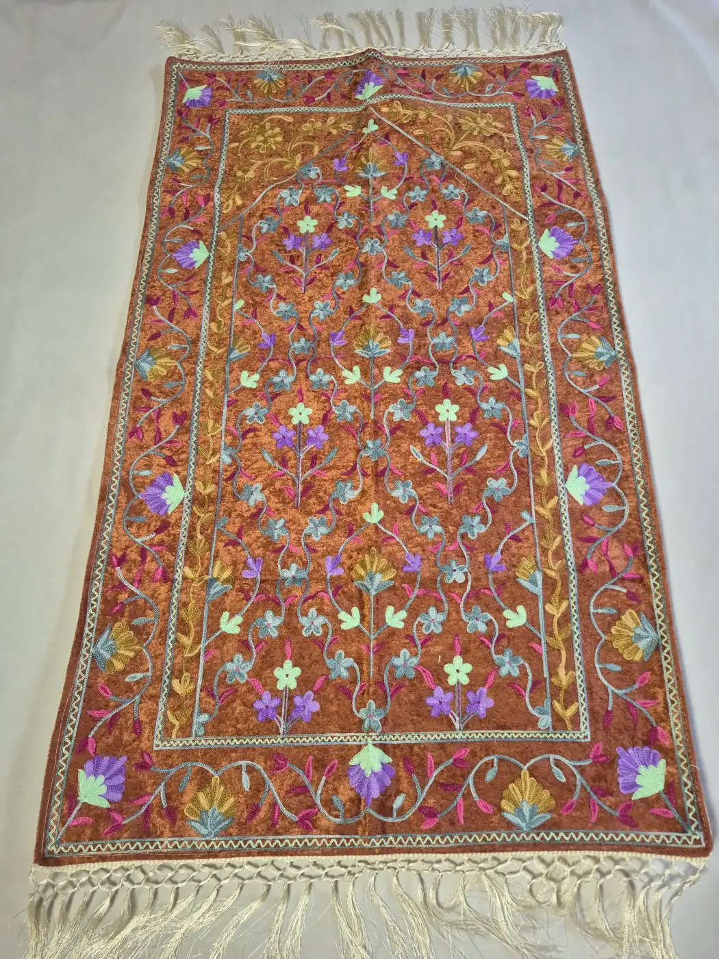 Sukoon Kashmiri Rust Brown Prayer Mat with Multicolour Aari Embroidery