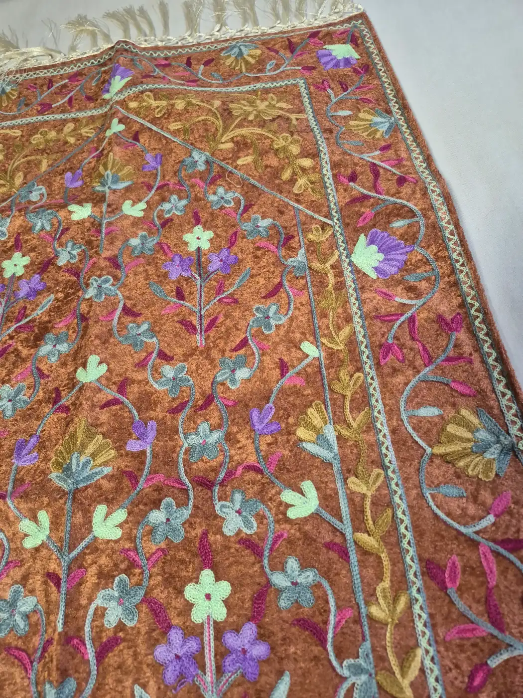 Sukoon Kashmiri Rust Brown Prayer Mat with Multicolour Aari Embroidery - Image 2