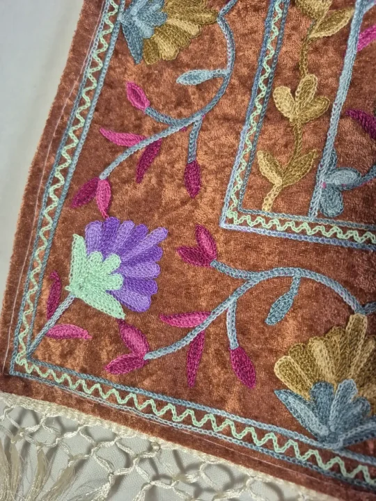 Sukoon Kashmiri Rust Brown Prayer Mat with Multicolour Aari Embroidery - Image 3