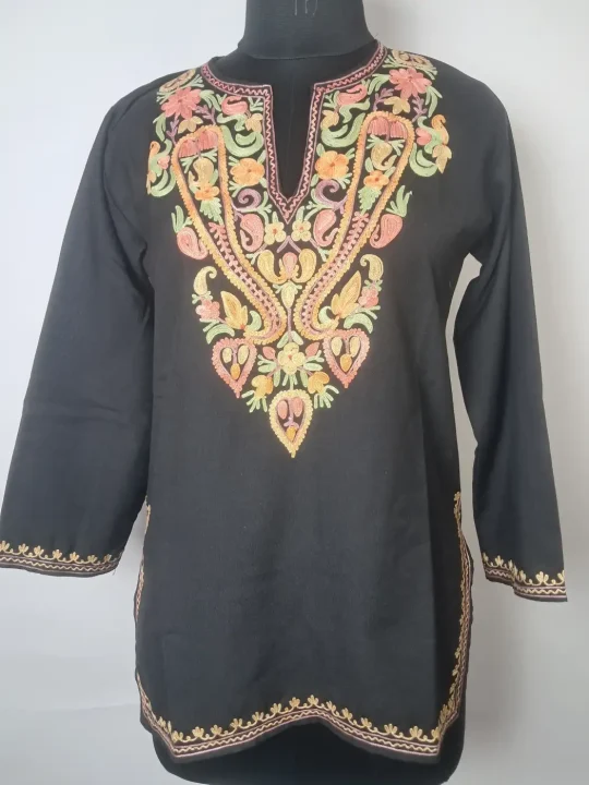 Kashmiri Black Ruby Cotton Short Aari Kurti – Afsana