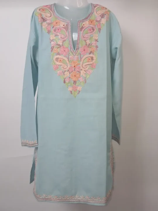 Kashmiri Kurti in Powder Blue Ruby Cotton Aari Embroidery – Meher