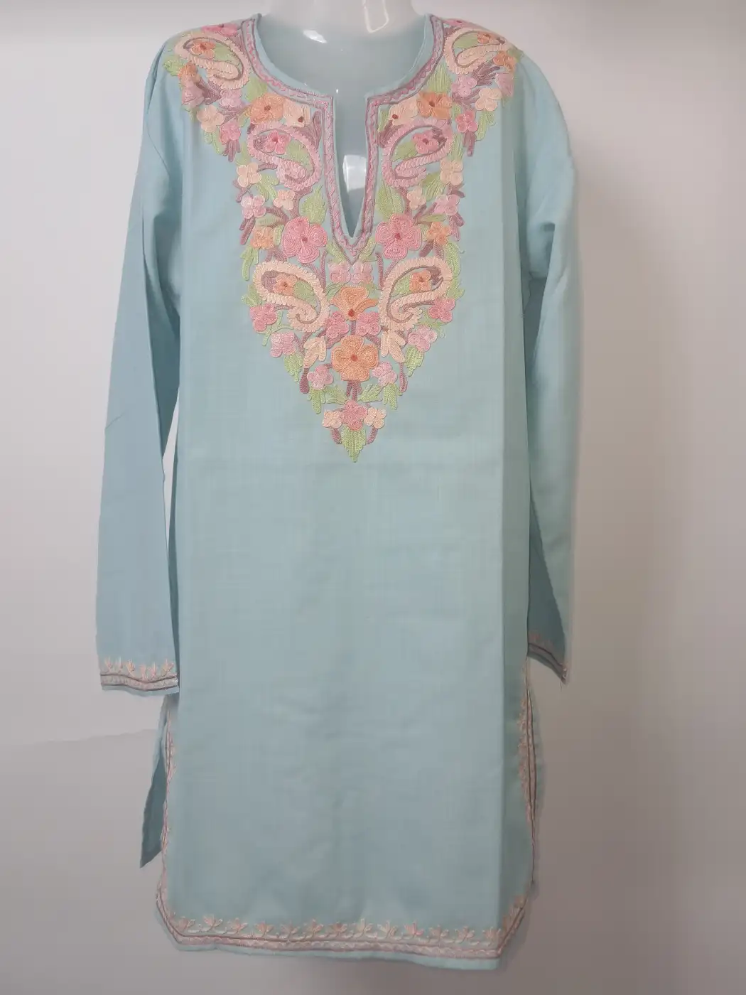 Kashmiri Kurti in Powder Blue Ruby Cotton Aari Embroidery – Meher