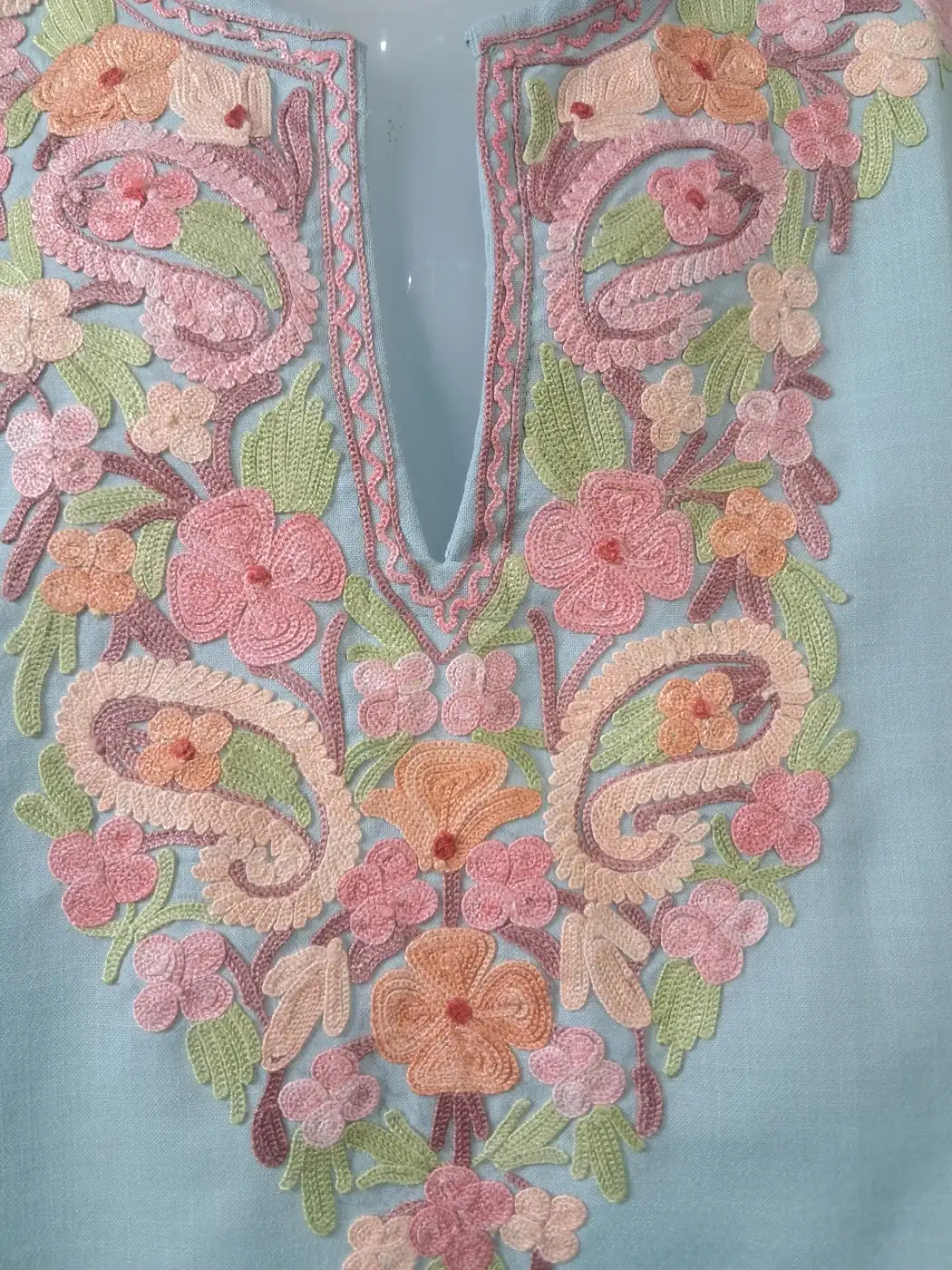 Kashmiri Kurti in Powder Blue Ruby Cotton Aari Embroidery – Meher - Image 2