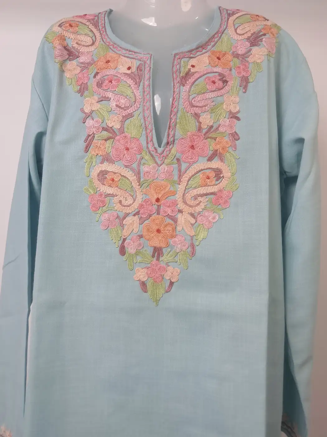 Kashmiri Kurti in Powder Blue Ruby Cotton Aari Embroidery – Meher - Image 3