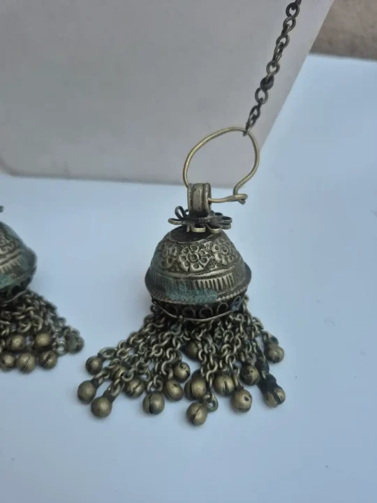 Kashmiri Handmade Kanavji Earrings Vintage Over-the-Head Jewellery with Tabbasum Dome Fringe - Image 3