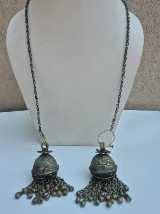 Kashmiri Handmade Kanavji Earrings Vintage Over-the-Head Jewellery with Tabbasum Dome Fringe