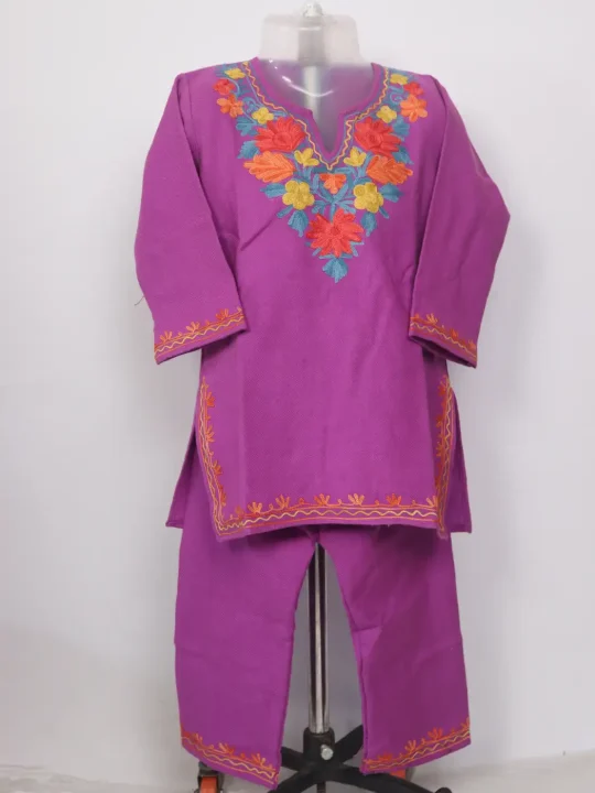 Awleen Purple Kashmiri Girls 2pc Pheran Set With Aari Work In Cashmilon Wool (2 to 3Y)