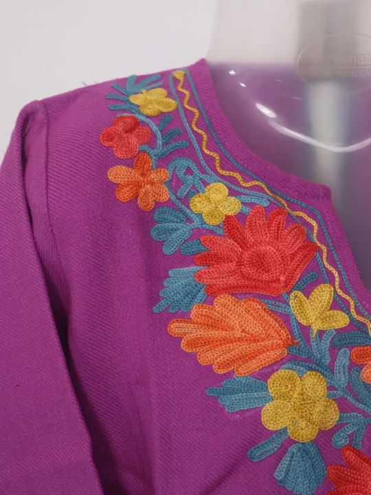 Awleen Purple Kashmiri Girls 2pc Pheran Set With Aari Work In Cashmilon Wool (2 to 3Y) - Image 3