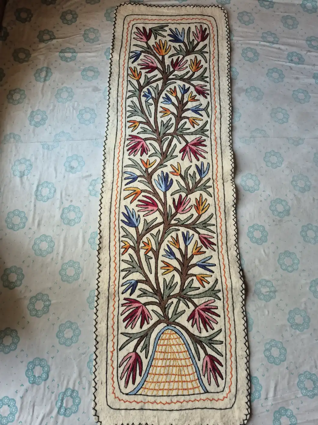 Kashmiri Hand Embroidered Floral Tree Namda Runner | 6x2 ft
