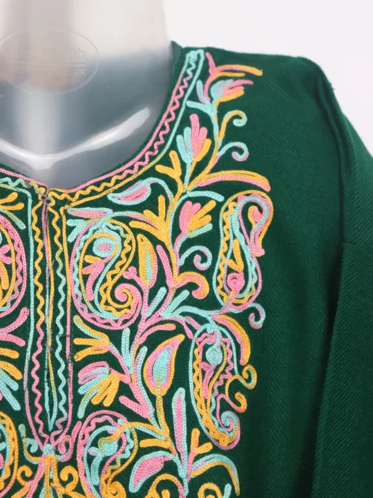 Naeema Kashmiri Girls Pheran in Dark Green Cashmilon Wool with Aari Work (3 to 4Y) - Image 2