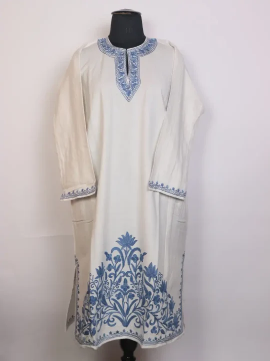 Sana White Kashmiri Cashmilon Pheran with Blue Aari Embroidery