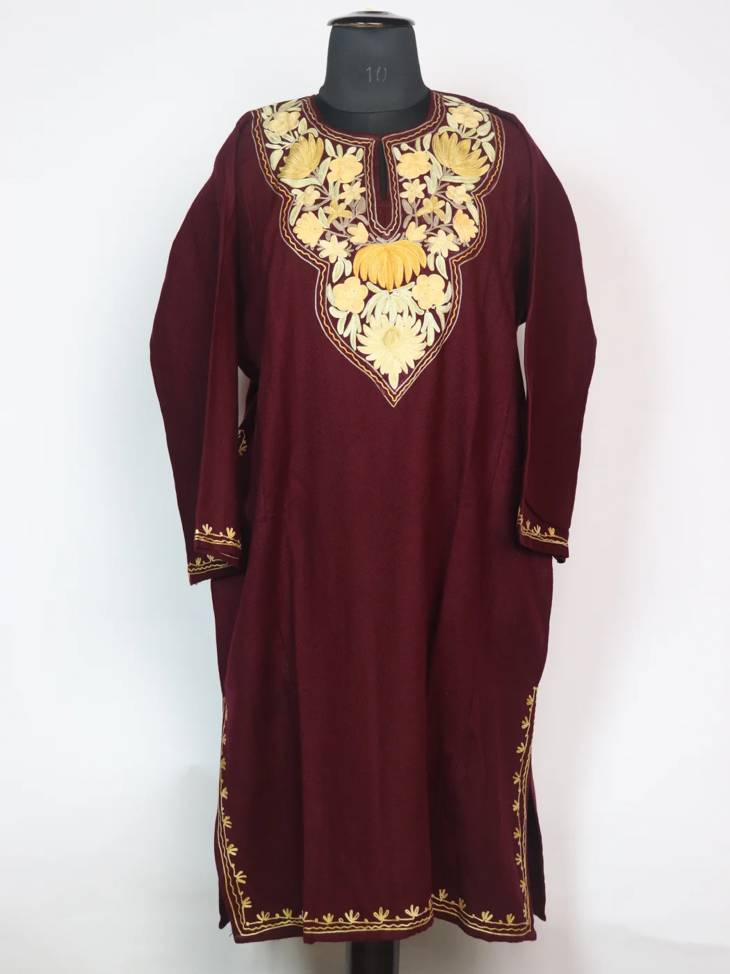 Aabida Kashmiri Pheran In Cashmilon Wool With Aari Embroidery | Maroon