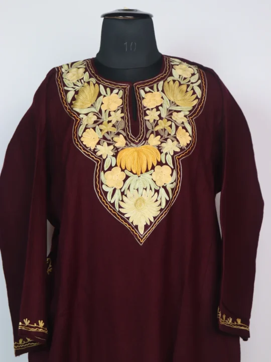 Aabida Kashmiri Pheran In Cashmilon Wool With Aari Embroidery | Maroon - Image 2