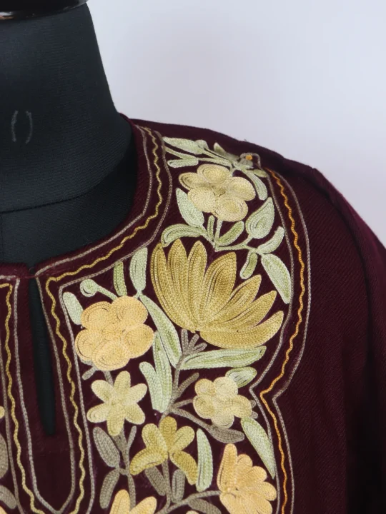 Aabida Kashmiri Pheran In Cashmilon Wool With Aari Embroidery | Maroon - Image 3