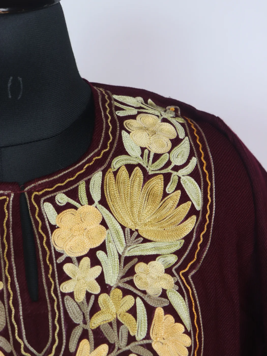 Aabida Kashmiri Pheran In Cashmilon Wool With Aari Embroidery | Maroon - Image 3