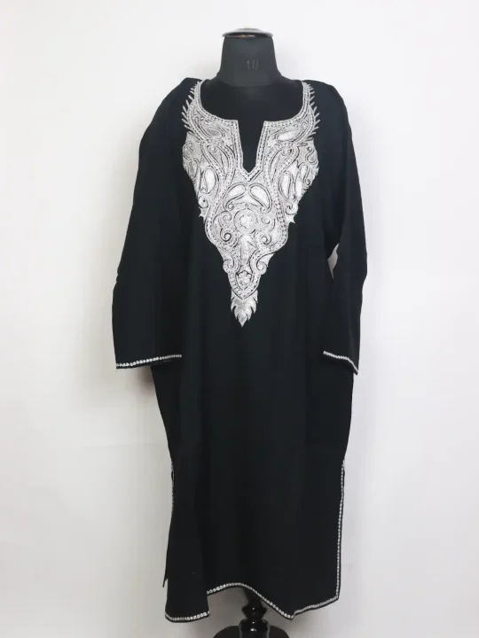 Aabish Kashmiri Raffal Wool Botte Tilla Work Pheran Black
