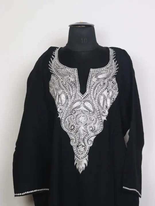 Aabish Kashmiri Raffal Wool Botte Tilla Work Pheran Black - Image 2