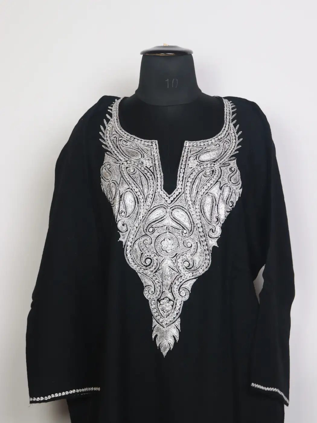 Aabish Kashmiri Raffal Wool Botte Tilla Work Pheran Black - Image 2