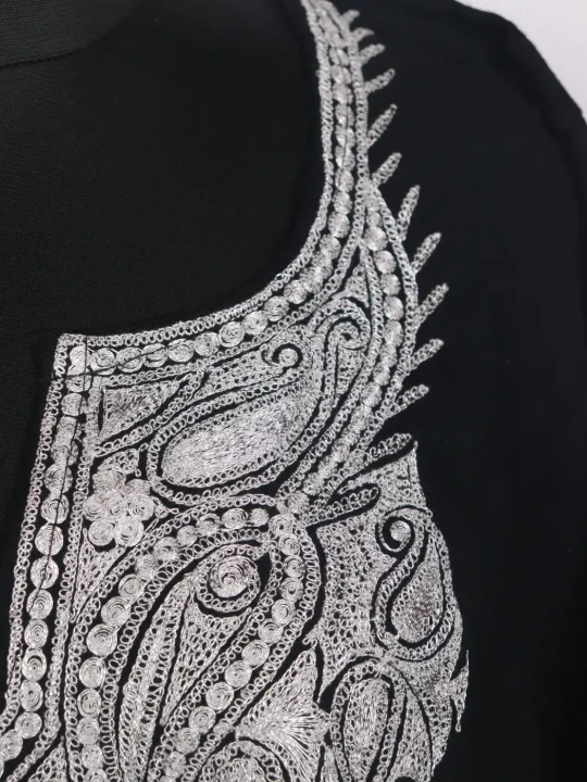 Aabish Kashmiri Raffal Wool Botte Tilla Work Pheran Black - Image 3