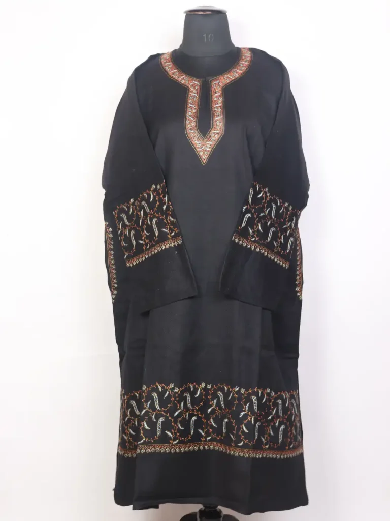Aabshar Kashmiri Raffal Wool Black Pheran with Hand Sozni Work