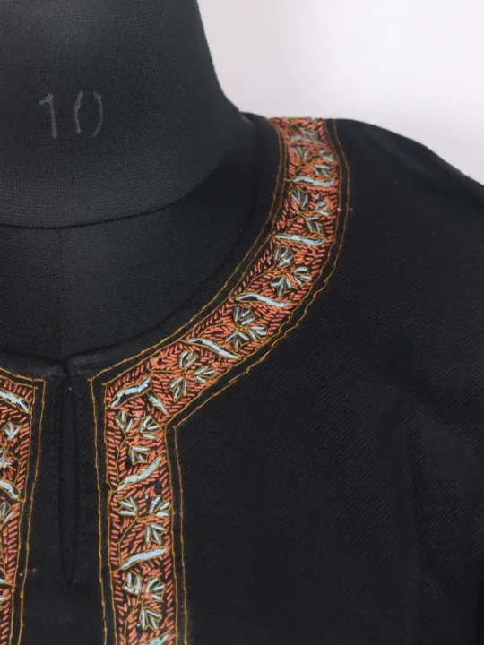 Aabshar Kashmiri Raffal Wool Black Pheran with Hand Sozni Work - Image 3