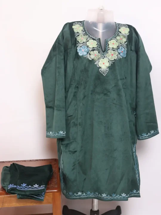 Aafreen Kashmiri 2 Pc Girls Pheran Set With Aari Work In Holland Velvet Bottle Green (6 to 7Y)