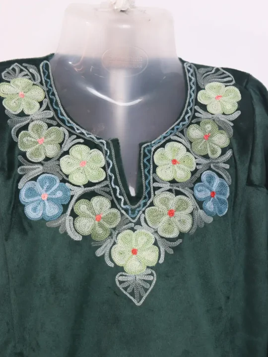 Aafreen Kashmiri 2 Pc Girls Pheran Set With Aari Work In Holland Velvet Bottle Green (6 to 7Y) - Image 2