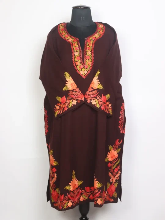 Aakifa Kashmiri Maroon Cashmilon Wool Aari Embroidered Pheran