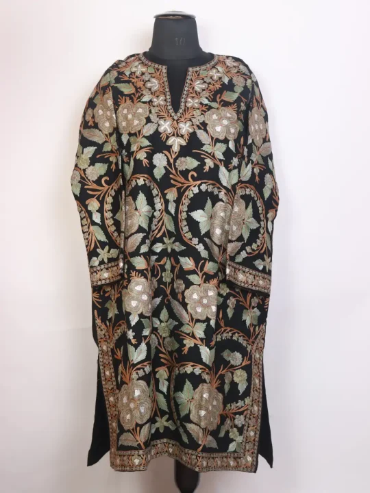 Aariz Kashmiri Jamawar Aari Embroidered Black Pheran in Raffal Wool