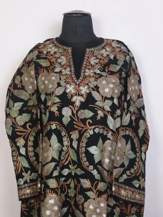 Aariz Kashmiri Jamawar Aari Embroidered Black Pheran in Raffal Wool - Image 2