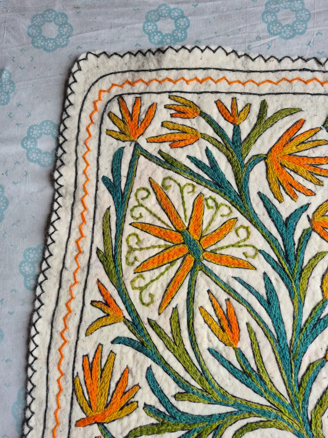 Aatish-e-Gul Hand Embroidered Namda Rug – Orange Floral Vine Design | 3×2 ft - Image 2
