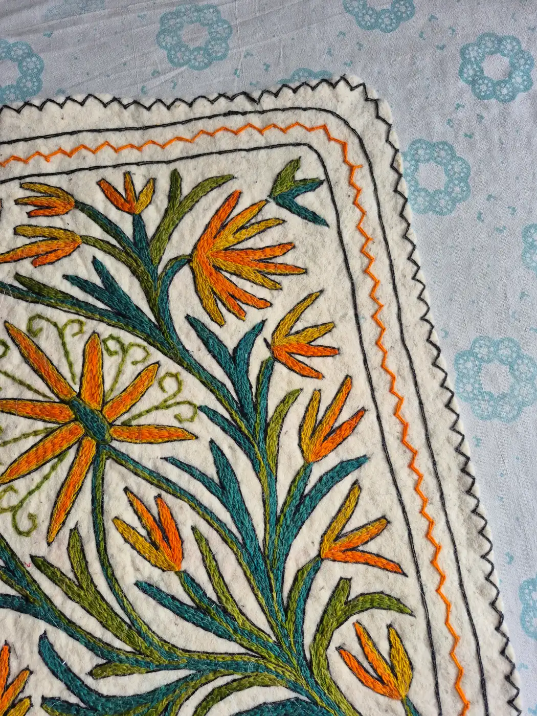 Aatish-e-Gul Hand Embroidered Namda Rug – Orange Floral Vine Design | 3×2 ft - Image 3
