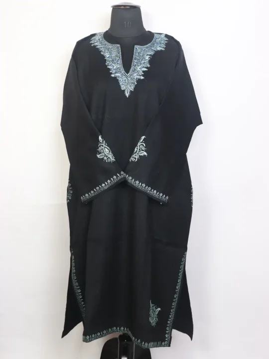 Abeer Black Kashmiri Hand Sozni Pheran in Raffal Wool