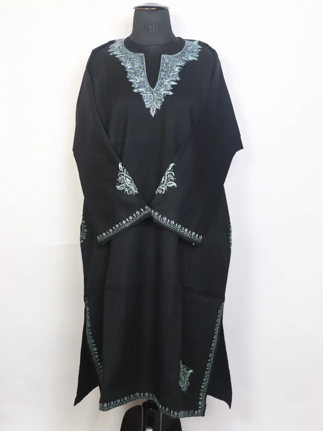 Abeer Black Kashmiri Hand Sozni Pheran in Raffal Wool