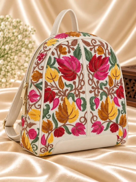 Afifa Kashmiri White Backpack with Aari Embroidery